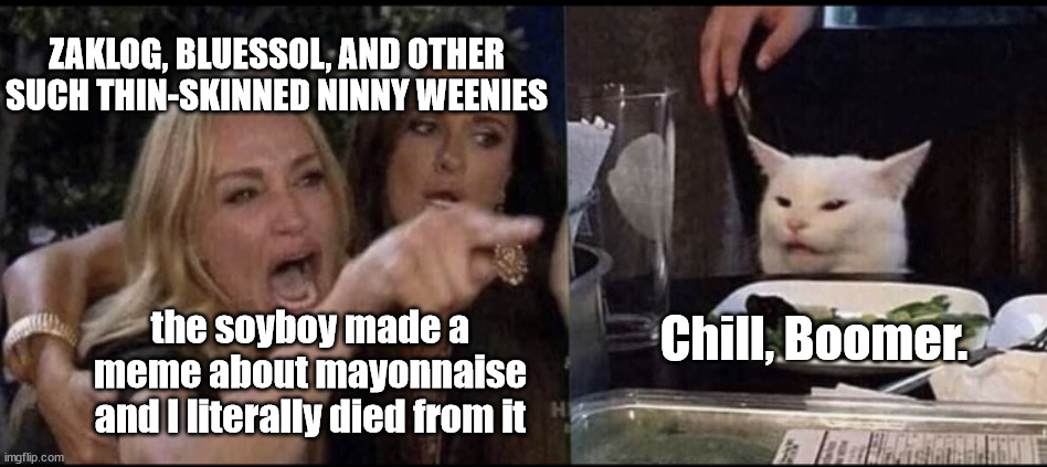 Ppl on here are soo sensitive about condiment jokes. | ZAKLOG, BLUESSOL, AND OTHER SUCH THIN-SKINNED NINNY WEENIES; Chill, Boomer. the soyboy made a meme about mayonnaise and I literally died from it | image tagged in karen carpenter and smudge cat,angrymayo | made w/ Imgflip meme maker