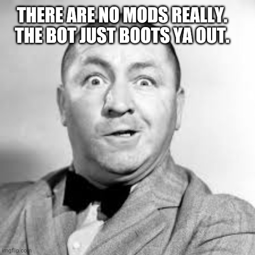 curly three stooges | THERE ARE NO MODS REALLY.
THE BOT JUST BOOTS YA OUT. | image tagged in curly three stooges | made w/ Imgflip meme maker