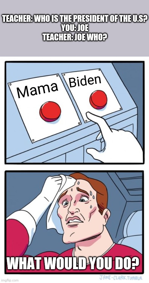 What would you rather say? | TEACHER: WHO IS THE PRESIDENT OF THE U.S?
YOU: JOE
TEACHER: JOE WHO? Biden; Mama; WHAT WOULD YOU DO? | image tagged in memes,two buttons,joe mama,joe biden,would you rather,teacher | made w/ Imgflip meme maker