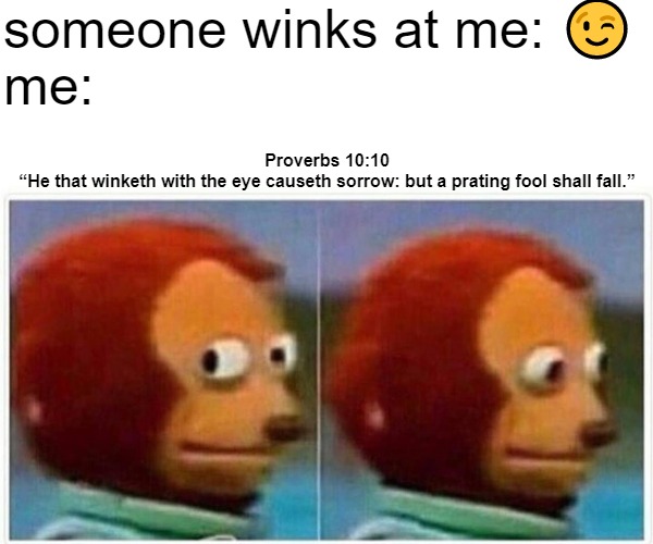 Monkey Puppet Meme | someone winks at me: 😉


me:; Proverbs 10:10
“He that winketh with the eye causeth sorrow: but a prating fool shall fall.” | image tagged in memes,monkey puppet,god,jesus,scripture,funny | made w/ Imgflip meme maker