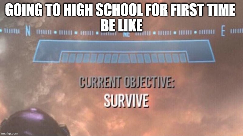 high school | GOING TO HIGH SCHOOL FOR FIRST TIME 
BE LIKE | image tagged in current objective survive | made w/ Imgflip meme maker