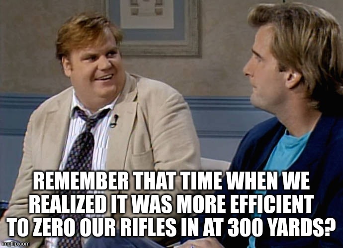 Remember that time | REMEMBER THAT TIME WHEN WE REALIZED IT WAS MORE EFFICIENT TO ZERO OUR RIFLES IN AT 300 YARDS? | image tagged in remember that time | made w/ Imgflip meme maker