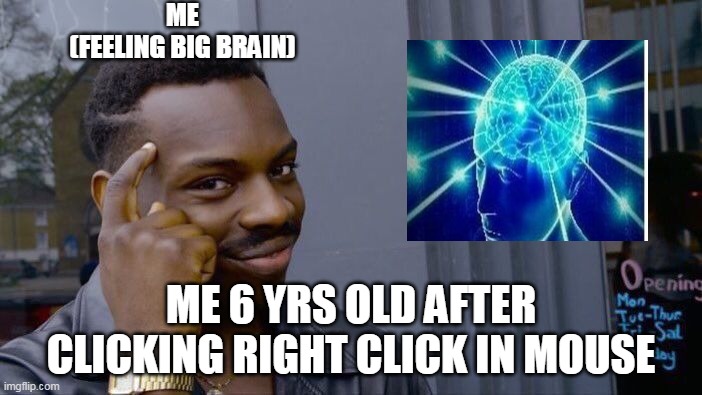 Roll Safe Think About It Meme | ME
(FEELING BIG BRAIN); ME 6 YRS OLD AFTER CLICKING RIGHT CLICK IN MOUSE | image tagged in memes,roll safe think about it | made w/ Imgflip meme maker