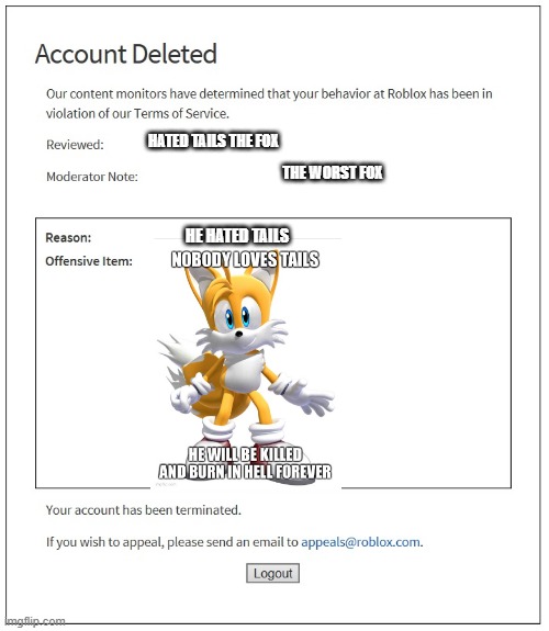 supmandude needs to ban so i made supmandude got ban | HATED TAILS THE FOX; THE WORST FOX; HE HATED TAILS | image tagged in banned from roblox,tails | made w/ Imgflip meme maker