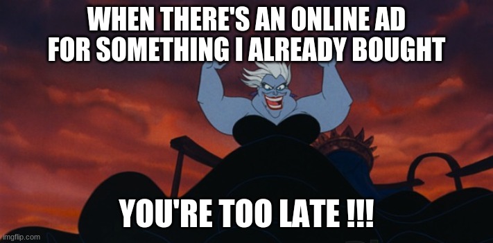 ursula online | WHEN THERE'S AN ONLINE AD FOR SOMETHING I ALREADY BOUGHT; YOU'RE TOO LATE !!! | image tagged in ursula too late | made w/ Imgflip meme maker