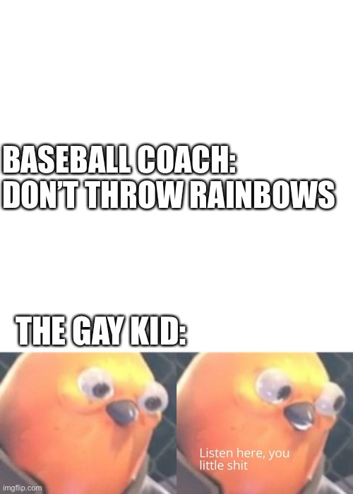 BASEBALL COACH: DON’T THROW RAINBOWS; THE GAY KID: | image tagged in memes,blank transparent square,funny memes,funny,gay,baseball | made w/ Imgflip meme maker