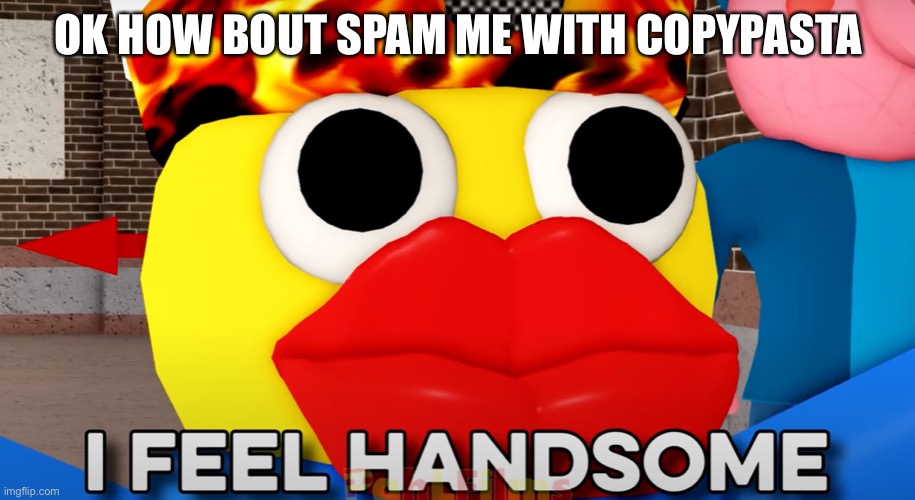 cuz someone said no ;-; | OK HOW BOUT SPAM ME WITH COPYPASTA | image tagged in i feel handsome | made w/ Imgflip meme maker