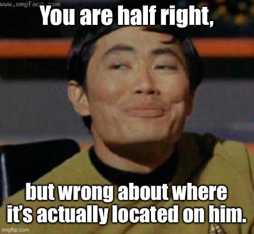 sulu | You are half right, but wrong about where it’s actually located on him. | image tagged in sulu | made w/ Imgflip meme maker