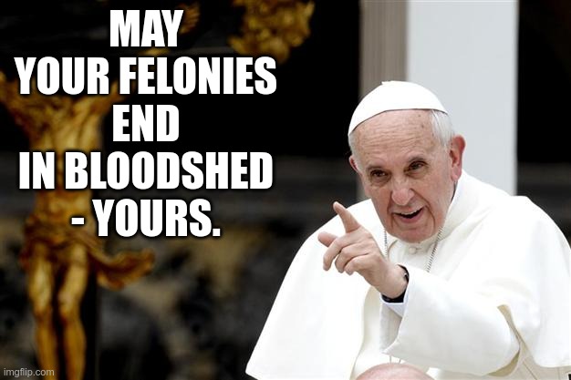 angry pope francis | MAY YOUR FELONIES END IN BLOODSHED - YOURS. | image tagged in angry pope francis | made w/ Imgflip meme maker