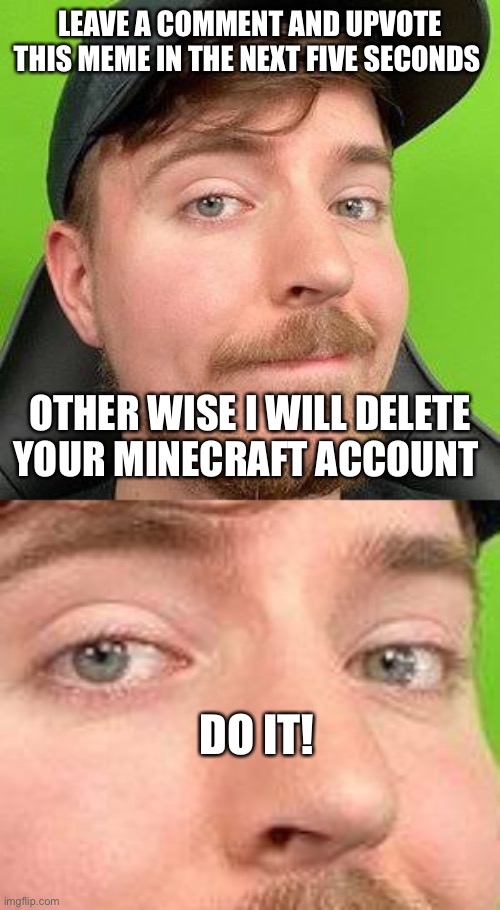 Mr beast be like | LEAVE A COMMENT AND UPVOTE THIS MEME IN THE NEXT FIVE SECONDS; OTHER WISE I WILL DELETE YOUR MINECRAFT ACCOUNT; DO IT! | image tagged in mr beast,minecraft,funny,meme | made w/ Imgflip meme maker