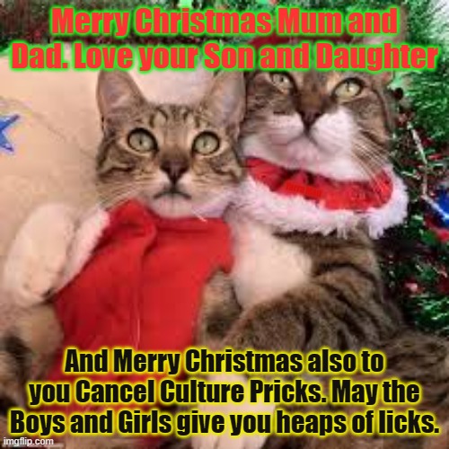 Merry Christmas Cancel Culture | Merry Christmas Mum and Dad. Love your Son and Daughter; Yarra Man; And Merry Christmas also to you Cancel Culture Pricks. May the Boys and Girls give you heaps of licks. | image tagged in christmas n mum n dad,drug addicts,progressives,leftists | made w/ Imgflip meme maker