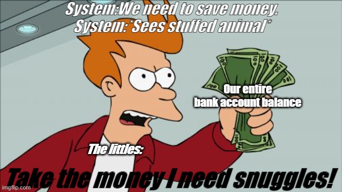 Shut Up And Take My Money Fry | System:We need to save money.
System:*Sees stuffed animal*; Our entire bank account balance; The littles:; Take the money I need snuggles! | image tagged in memes,shut up and take my money fry | made w/ Imgflip meme maker