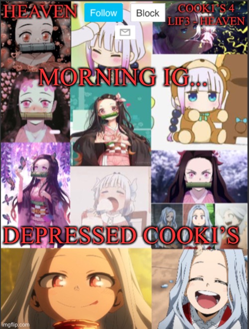 Sadness has consumed me | MORNING IG... DEPRESSED COOKI’S | image tagged in heavens temp adorable | made w/ Imgflip meme maker