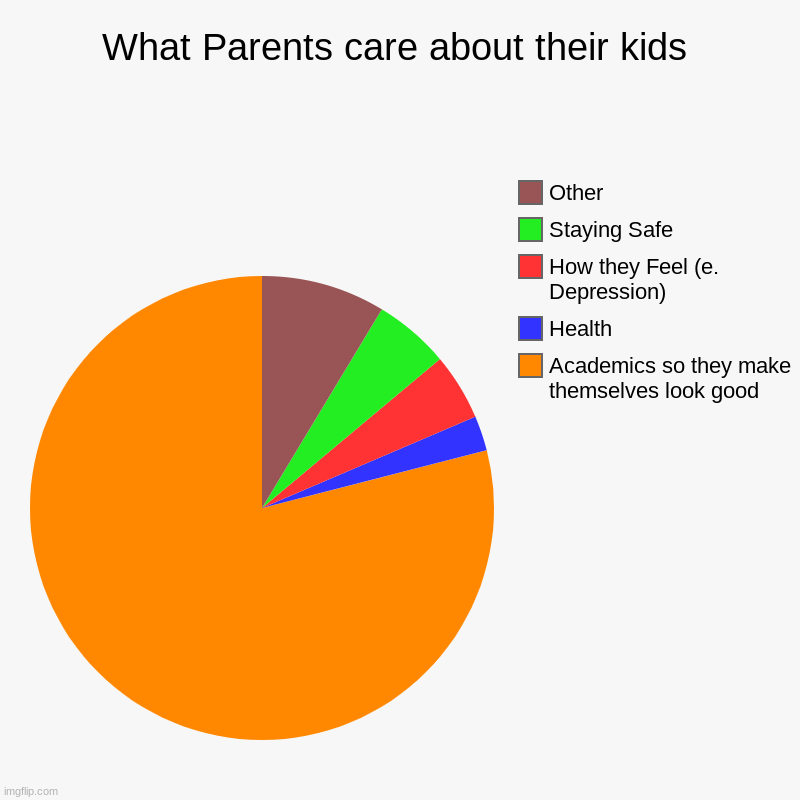 This is how I get treated | What Parents care about their kids | Academics so they make themselves look good, Health, How they Feel (e. Depression), Staying Safe, Other | image tagged in charts,pie charts | made w/ Imgflip chart maker