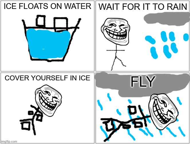 Smrt | ICE FLOATS ON WATER; WAIT FOR IT TO RAIN; COVER YOURSELF IN ICE; FLY | image tagged in memes,blank comic panel 2x2 | made w/ Imgflip meme maker