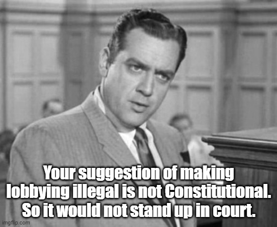 Perry Mason | Your suggestion of making lobbying illegal is not Constitutional. So it would not stand up in court. | image tagged in perry mason | made w/ Imgflip meme maker