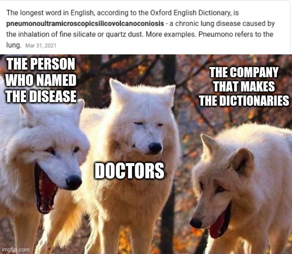 THE PERSON WHO NAMED THE DISEASE; THE COMPANY THAT MAKES THE DICTIONARIES; DOCTORS | image tagged in laughing wolf | made w/ Imgflip meme maker