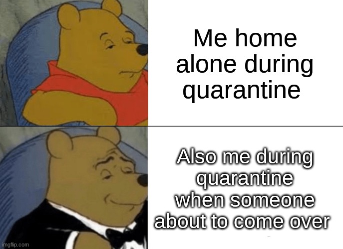 Quarantine | Me home alone during quarantine; Also me during quarantine when someone about to come over | image tagged in memes,tuxedo winnie the pooh | made w/ Imgflip meme maker