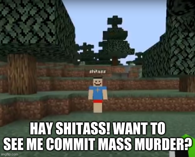 shitass | HAY SHITASS! WANT TO SEE ME COMMIT MASS MURDER? | image tagged in shitass | made w/ Imgflip meme maker