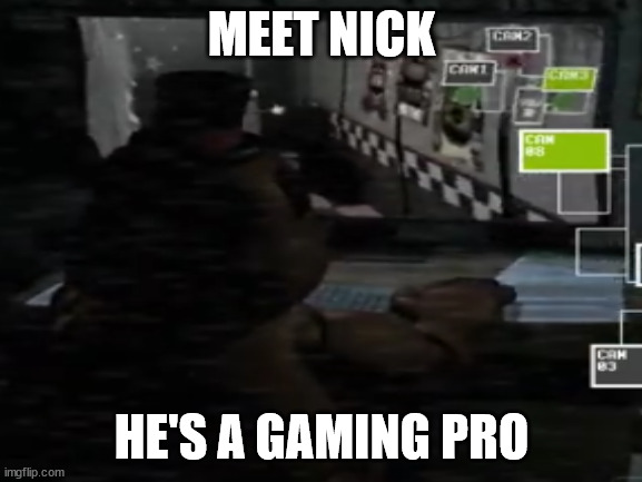 gaming |  MEET NICK; HE'S A GAMING PRO | image tagged in gaming,pc gaming,fnaf,funny meme,unfunny,stupid humor | made w/ Imgflip meme maker