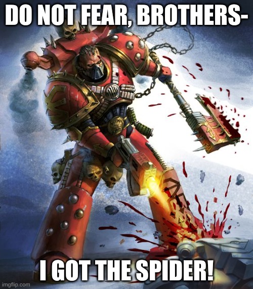 Chaos Up In Thi- Holyshit! | DO NOT FEAR, BROTHERS-; I GOT THE SPIDER! | image tagged in spider,grimdark spider,world eaters,warhammer,sissy marines | made w/ Imgflip meme maker