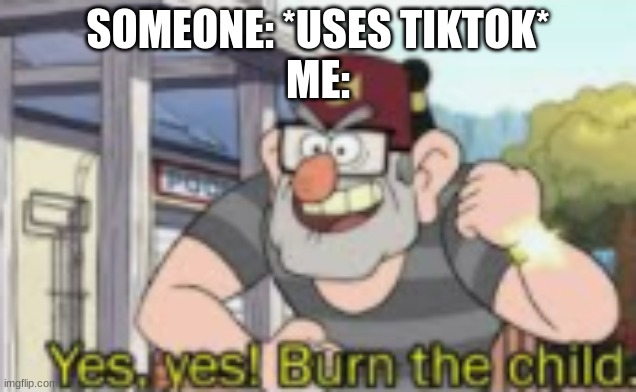 burn!!!!!!!!!!!!!!!!!! | SOMEONE: *USES TIKTOK*
ME: | image tagged in tik tok,burning | made w/ Imgflip meme maker