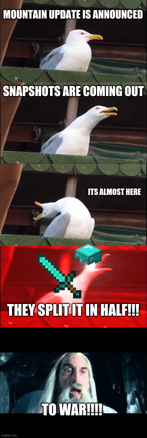 MOUNTAIN UPDATE IS ANNOUNCED; SNAPSHOTS ARE COMING OUT; ITS ALMOST HERE; THEY SPLIT IT IN HALF!!! TO WAR!!!! | image tagged in memes,inhaling seagull,saruman to war | made w/ Imgflip meme maker