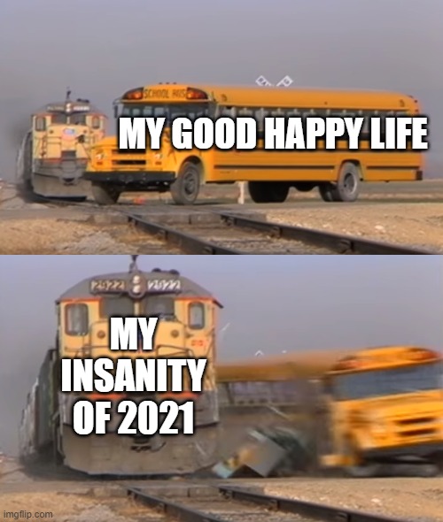 My insanity is CRAZY! | MY GOOD HAPPY LIFE; MY INSANITY OF 2021 | image tagged in a train hitting a school bus | made w/ Imgflip meme maker