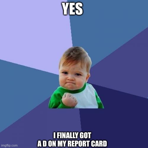 Success Kid | YES; I FINALLY GOT A D ON MY REPORT CARD | image tagged in memes,success kid | made w/ Imgflip meme maker
