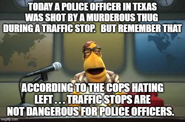 According to the Left, traffic stops are NOT dangerous for police officers: | TODAY A POLICE OFFICER IN TEXAS WAS SHOT BY A MURDEROUS THUG  DURING A TRAFFIC STOP.   BUT REMEMBER THAT; ACCORDING TO THE COPS HATING LEFT . . . TRAFFIC STOPS ARE NOT DANGEROUS FOR POLICE OFFICERS. | image tagged in muppet news flash | made w/ Imgflip meme maker