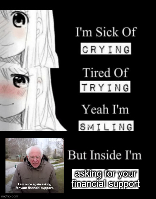 I'm Sick Of Crying | asking for your financial support | image tagged in i'm sick of crying | made w/ Imgflip meme maker