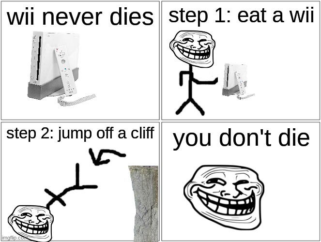 after 15 years, i still have a wii | wii never dies; step 1: eat a wii; step 2: jump off a cliff; you don't die | image tagged in memes,blank comic panel 2x2 | made w/ Imgflip meme maker