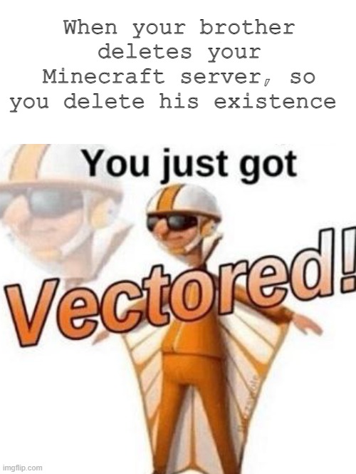 VECTORED | When your brother deletes your Minecraft server, so you delete his existence | image tagged in you just got vectored,brother died | made w/ Imgflip meme maker