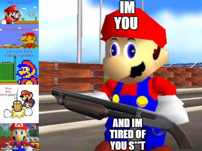 IM YOU; AND IM TIRED OF YOU S**T | image tagged in smg4 shotgun mario | made w/ Imgflip meme maker
