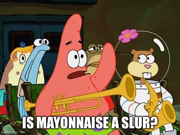 Patrick Mayonaise | IS MAYONNAISE A SLUR? | image tagged in patrick mayonaise | made w/ Imgflip meme maker