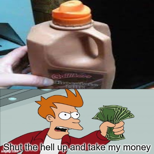 Take it all | Shut the hell up and take my money | image tagged in shut up and take my money fry,chocolate milk | made w/ Imgflip meme maker