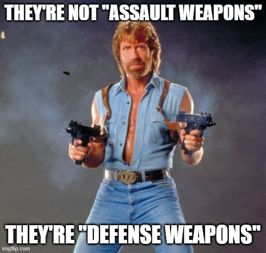 Chuck Norris Guns Meme | THEY'RE NOT "ASSAULT WEAPONS"; THEY'RE "DEFENSE WEAPONS" | image tagged in memes,chuck norris guns,chuck norris | made w/ Imgflip meme maker