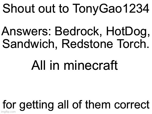 For TonyGao1234 | Shout out to TonyGao1234; Answers: Bedrock, HotDog, Sandwich, Redstone Torch. All in Minecraft; for getting all of them correct | image tagged in blank white template | made w/ Imgflip meme maker