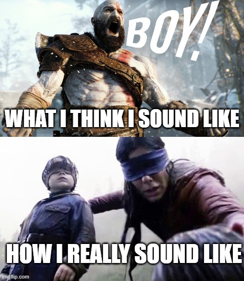 Boy! | WHAT I THINK I SOUND LIKE; HOW I REALLY SOUND LIKE | image tagged in god of war,bird box | made w/ Imgflip meme maker