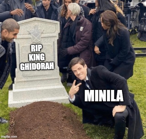 Grant Gustin over grave | RIP KING GHIDORAH; MINILA | image tagged in grant gustin over grave | made w/ Imgflip meme maker