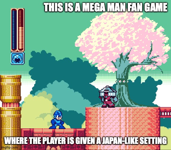 Typical Mega Man Fan Game | THIS IS A MEGA MAN FAN GAME; WHERE THE PLAYER IS GIVEN A JAPAN-LIKE SETTING | image tagged in megaman,memes,gaming | made w/ Imgflip meme maker