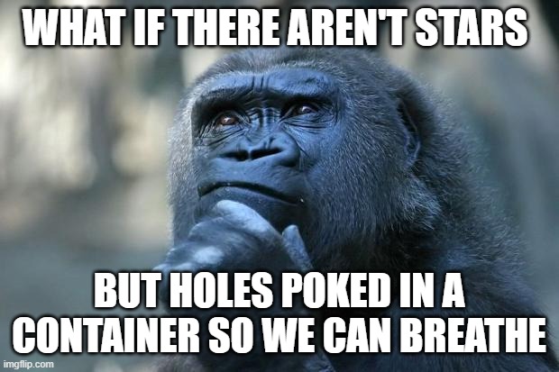 Deep Thoughts | WHAT IF THERE AREN'T STARS; BUT HOLES POKED IN A CONTAINER SO WE CAN BREATHE | image tagged in deep thoughts | made w/ Imgflip meme maker