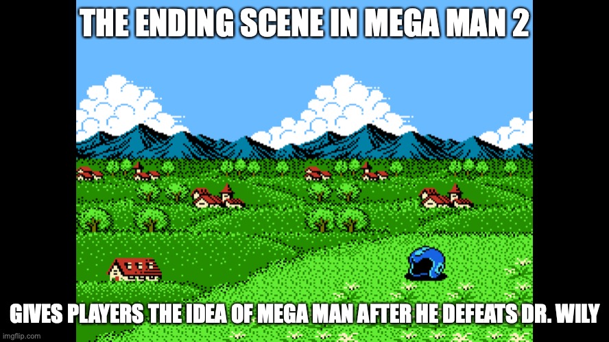 Mega Man 2 Ending Scene | THE ENDING SCENE IN MEGA MAN 2; GIVES PLAYERS THE IDEA OF MEGA MAN AFTER HE DEFEATS DR. WILY | image tagged in megaman,memes,gaming | made w/ Imgflip meme maker