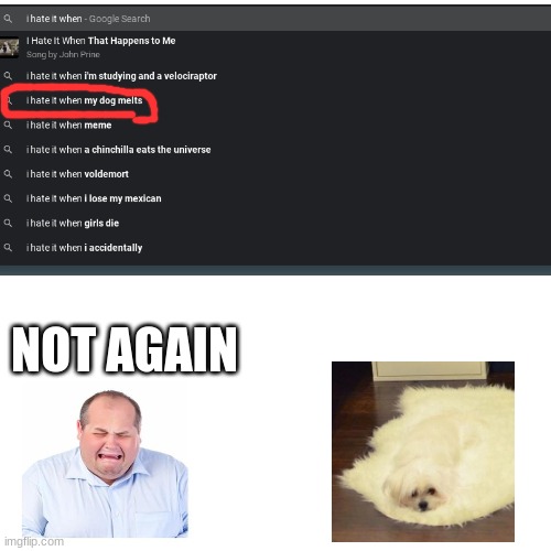Not again | NOT AGAIN | image tagged in memes,blank transparent square,melting dog | made w/ Imgflip meme maker
