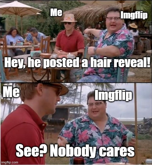 People wanted it :,( | Imgflip; Me; Hey, he posted a hair reveal! Me; Imgflip; See? Nobody cares | image tagged in memes,see nobody cares | made w/ Imgflip meme maker