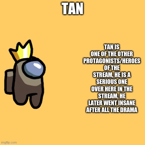 Cyan_Official/About/Tan | TAN IS ONE OF THE OTHER PROTAGONISTS/HEROES OF THE STREAM, HE IS A SERIOUS ONE OVER HERE IN THE STREAM, HE LATER WENT INSANE AFTER ALL THE DRAMA; TAN | image tagged in memes,blank transparent square | made w/ Imgflip meme maker