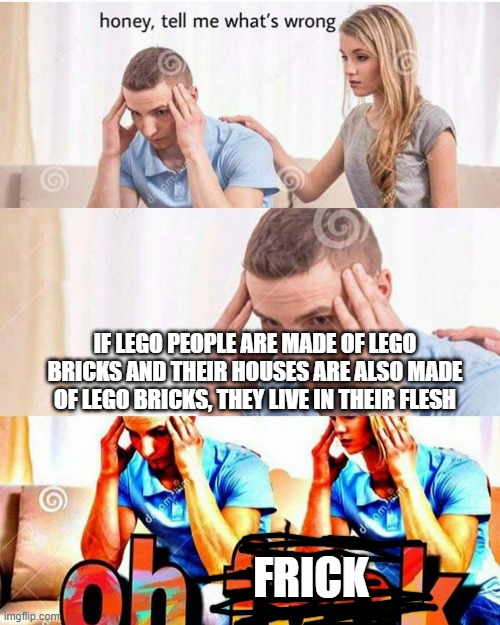 huh | IF LEGO PEOPLE ARE MADE OF LEGO BRICKS AND THEIR HOUSES ARE ALSO MADE OF LEGO BRICKS, THEY LIVE IN THEIR FLESH; FRICK | image tagged in honey whats wrong | made w/ Imgflip meme maker