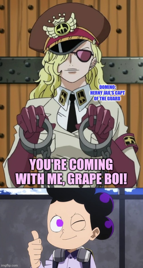 Mineta seems to be enjoying Herny Jail too much... | DOMINO: HERNY JAIL'S CAPT OF THE GUARD; YOU'RE COMING WITH ME, GRAPE BOI! | image tagged in minoru mineta wink and thumbs up,mineta,mha,come with me if you want to live,go to horny jail | made w/ Imgflip meme maker