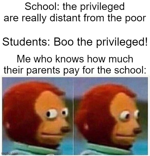 Monkey Puppet Meme | School: the privileged are really distant from the poor; Students: Boo the privileged! Me who knows how much their parents pay for the school: | image tagged in memes,monkey puppet | made w/ Imgflip meme maker