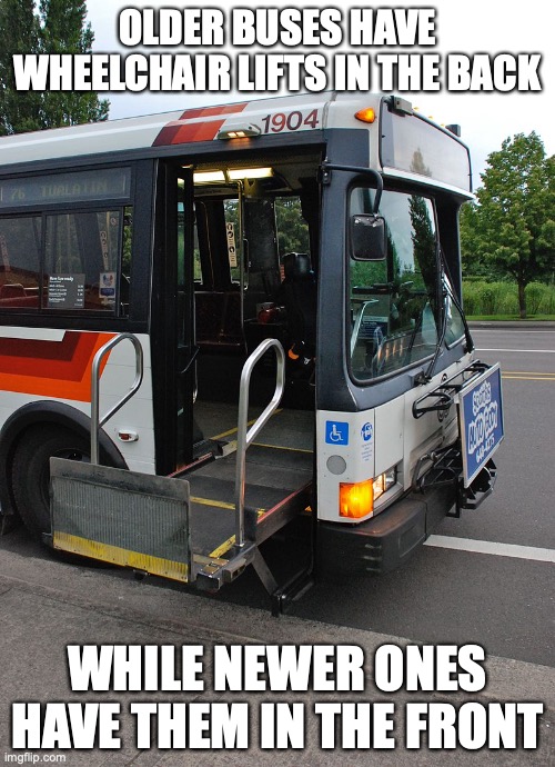 Wheelchair Lift | OLDER BUSES HAVE WHEELCHAIR LIFTS IN THE BACK; WHILE NEWER ONES HAVE THEM IN THE FRONT | image tagged in lift,memes,bus,public transport | made w/ Imgflip meme maker